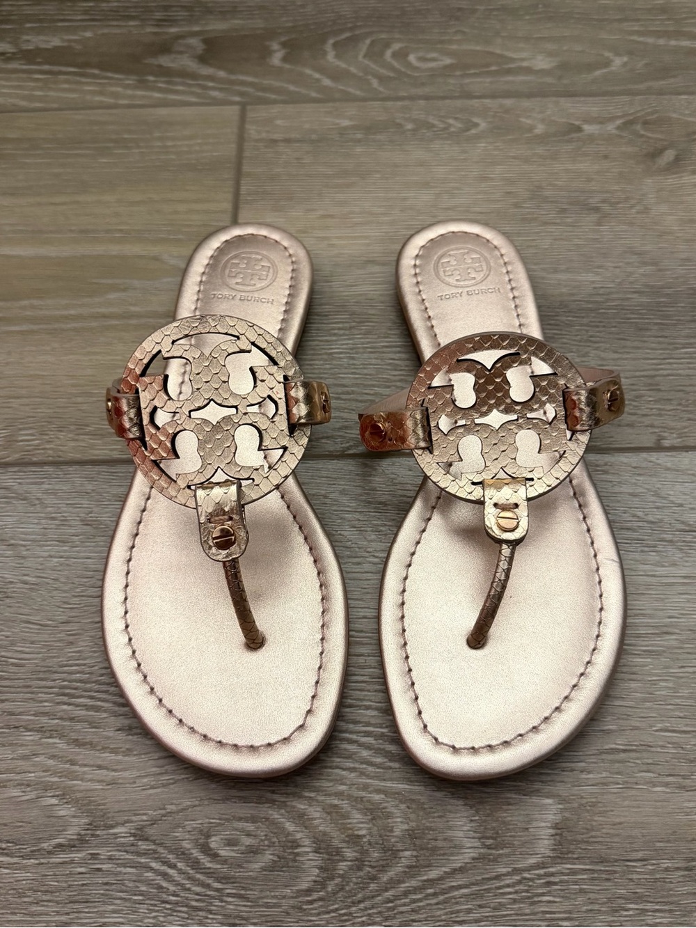 Tory Burch Metallic Rose Gold Logo Thong Sandals